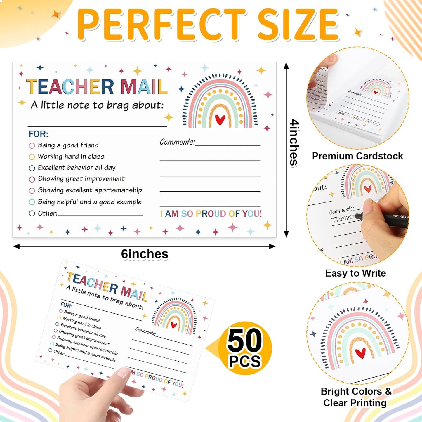 50Pcs Teacher Mail Notes to Parents, Smiley Face Happy Mail Postcards Classroom Good Behavior Incentive Motivational Cards to Send Home for Preschool Kindergarten Elementary School Teacher Supplies