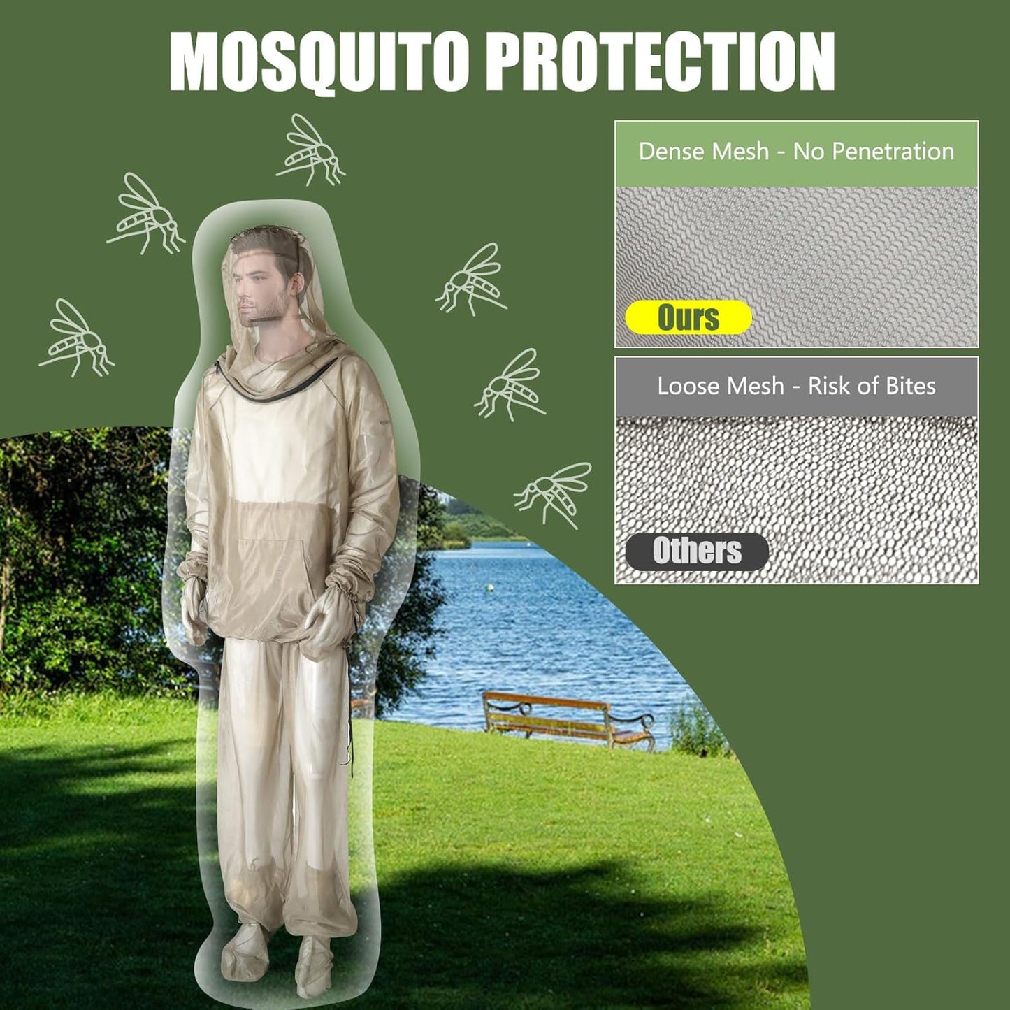 HOMEYA Bug Jacket L/XL, Anti Mosquito Netting Suit with Zipper on Hood Ultra-fine Mesh Pants Mitt Socks with Free Carry Pouch for Protecting Hunting Fishing Men Women