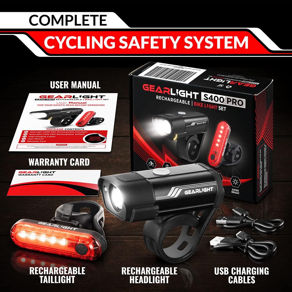 GearLight Rechargeable Bike Light, Bike Headlight and Tail Light Set, Powerful Front and Back Lights for Night Riding Safety, Night Riding Accessories, White Elephant Stocking Stuffer for Men
