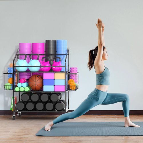 Workout Equipment Storage, Exercise Equipment Storage, Home Gym Organizer, Weight Rack for Home Gym, Kettlebell Rack, Free Weight Dumbbell Holder Cart, Yoga Organization Shelf, Rolling, Metal, 3 Tier