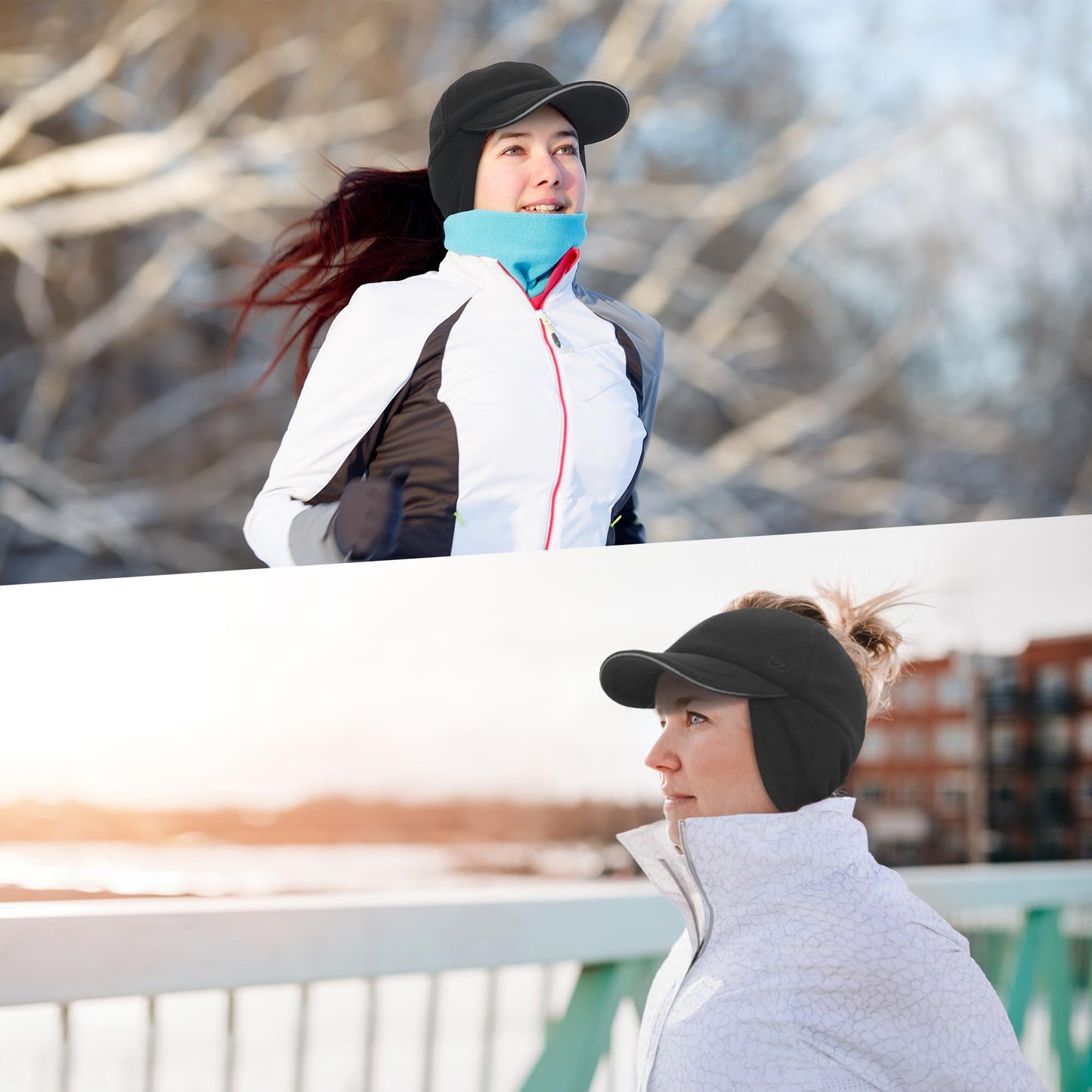 GADIEMKENSD Fleece Winter Hats for Women Reflective Ponytail Hat with Ear Flap Drop Down Ear Warmer Visor Beanie Double Ponytails Hole Baseball Cap for Running Skiing Hiking Dark Grey