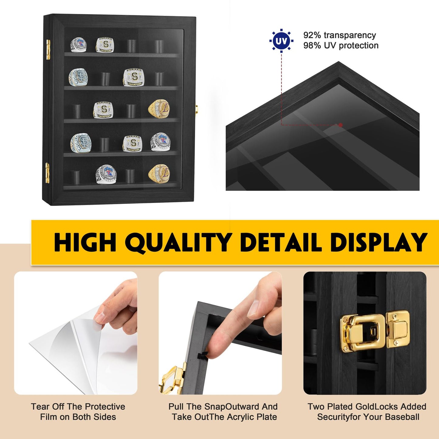Kacorn Championship Ring Display Case, 20 Ring Posts Sports Ring Display Case Wooden Shadow Box for Baseball Basketball Football Softball Award Rings Fan Souvenirs