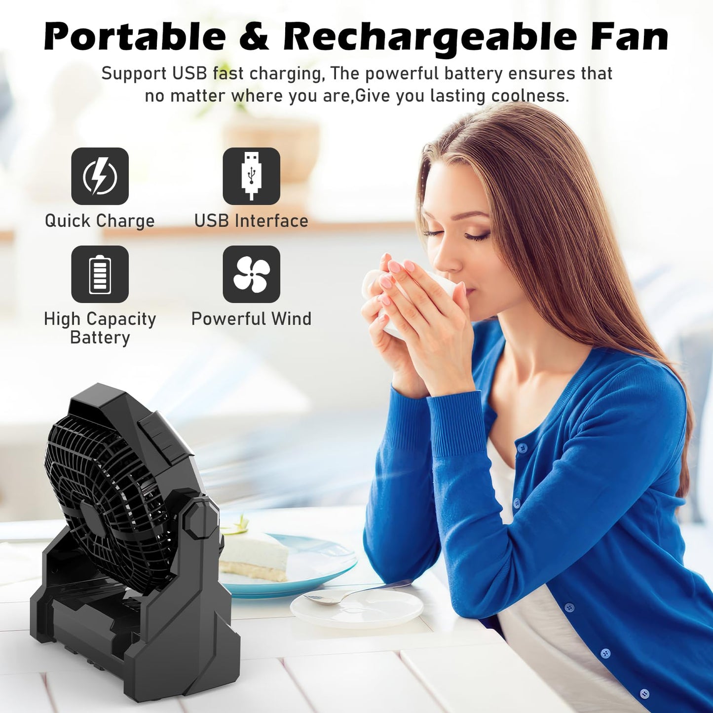 Howhio Camping Fan Rechargeable, 10400mAh Portable Battery Operated Camping Fan for Tents, Hangable USB Silent Camping Fans with LED Lantern, Suitable for Fishing, Camping, Bedroom, Workplace (Black)