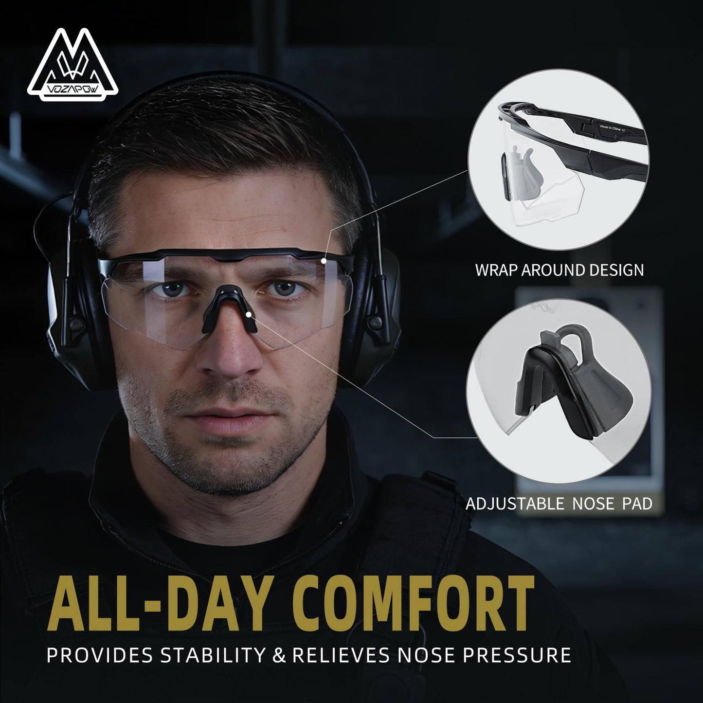 VOZAPOW Shooting Glasses Anti Fog with High Definition Lenses, ANSI Z87+ Certified Tactical Safety Glasses for Men Women