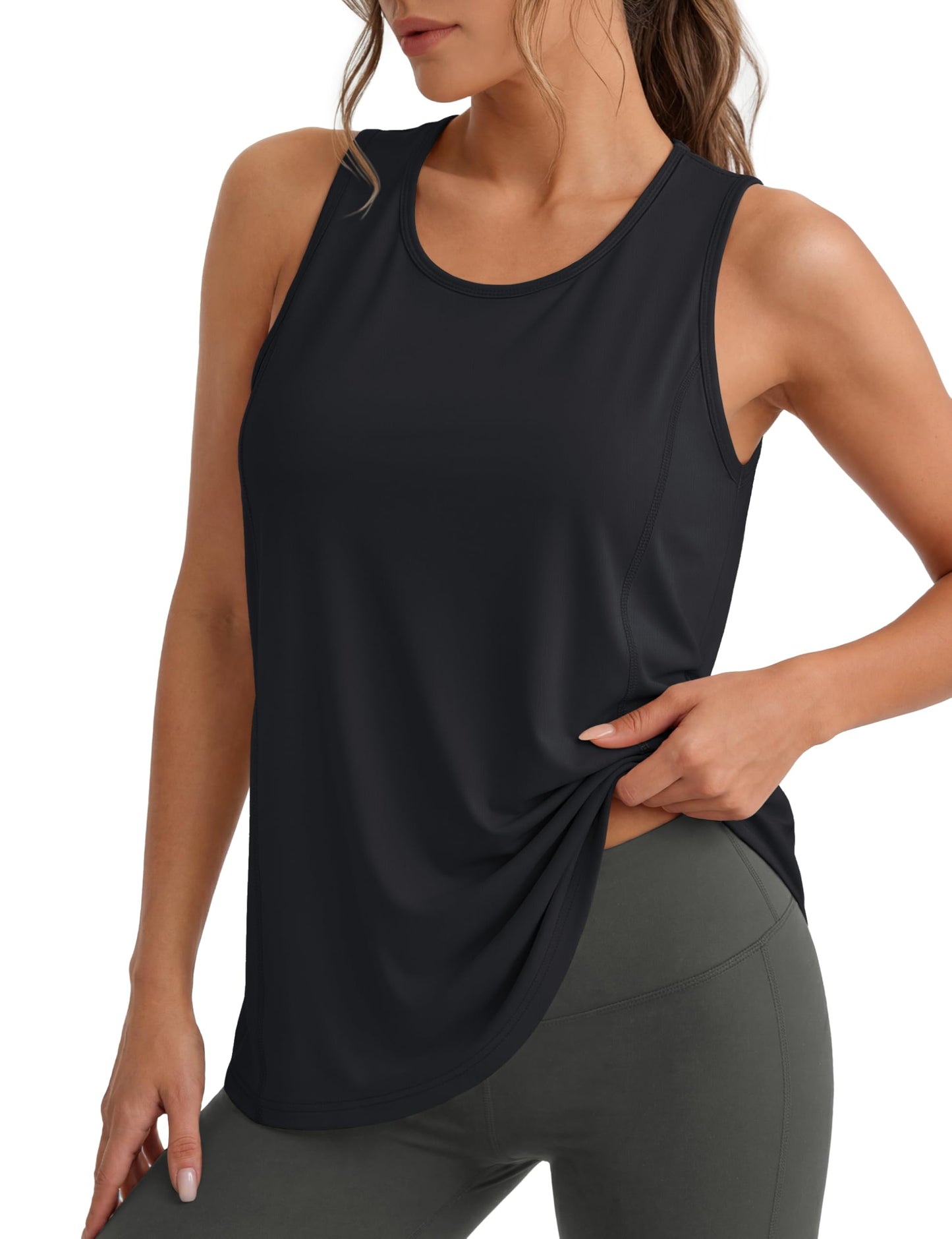 MAGCOMSEN Womens Tank Tops Workout Sleeveless Moisture Wicking Shirts Athletic Gym Sun Protection Dry Fit Black L