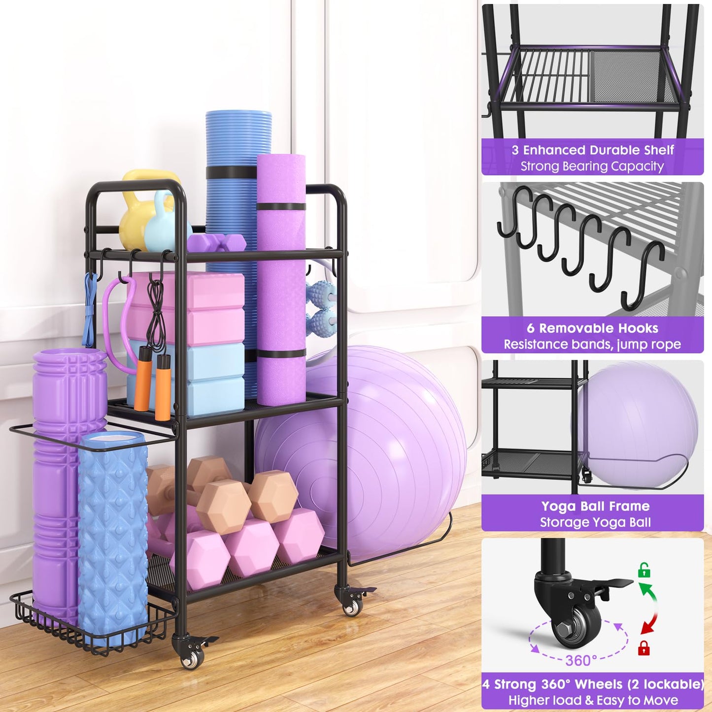 Home Gym Storage Rack Exercise Equipment Storage Organizer for Yoga Mat Dumbbells Kettlebells Foam Roller Yoga Strap & Resistance Bands, Ideal Yoga Mat Holder & Workout Equipment Organizer