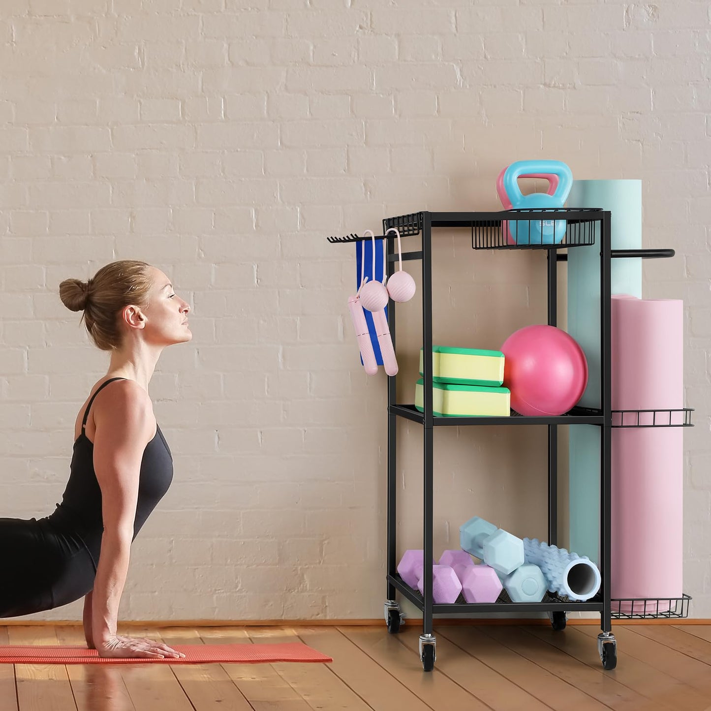 Yoga Rack Black Weight Rack for Home Gym Small Dumbell Rack Workout Equipment Storage Cart for Weights, Yoga Mats, Kettlebells, Foam Rollers, and Resistance Bands, Black
