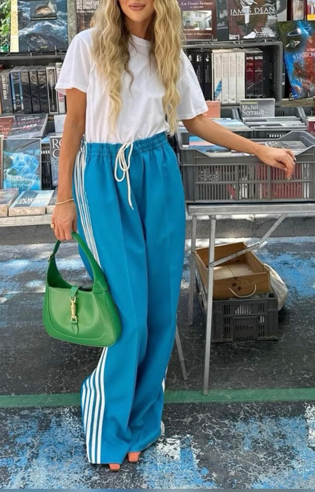 KMBANGI Women Striped Track Pants Elastic Waist Straight Leg Sweatpants Joggers Wide Leg Side Stripes Pants with Pockets(Casual Blue,M)