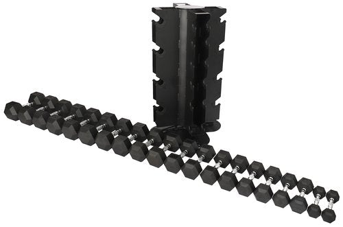 Signature Fitness 550LB Rubber Coated Hex Dumbbell Weight Set with Vertical and Spinnable Storage Rack, 5-50 lbs Pairs, Multiple Package