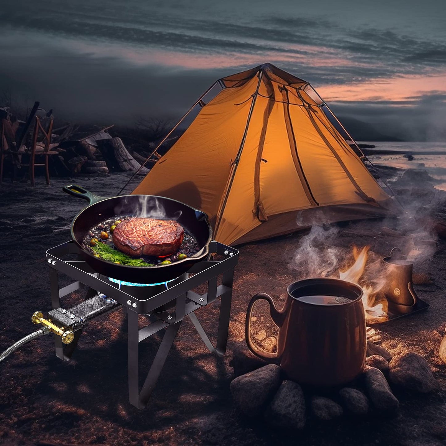 Vivicreate 185000 BTU High Pressure Propane Burner Outdoor Gas Stove Single Burner Cooktop for Turkey Fryer Seafood Boil Brewing BBQ Camping Stove Estufa de Gas Portátil Fogón de Gas 2 valve