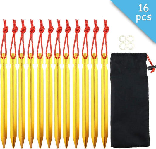 Set of 12 Tent Stakes Pegs Aluminium Alloy Stake 7 Inches with Reflective Rope and 4 Small Silica Gel O-ring for Camping Hiking backpacking Outdoor Activities