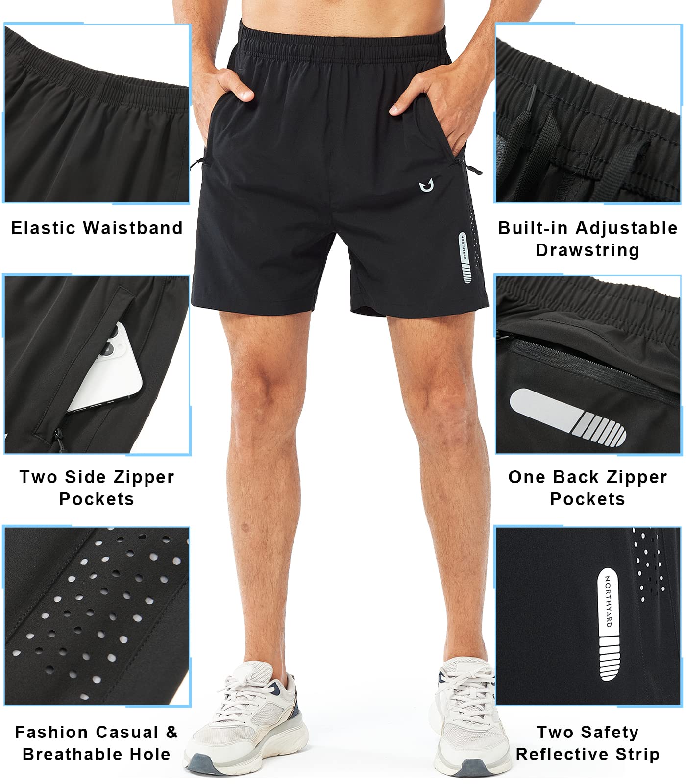 NORTHYARD Men's Athletic Running Shorts Gym Workout 7"/9"/5" Quick Dry Lightweight Sports Basketball Tennis 3 Zipper Pockets Black-5inch M