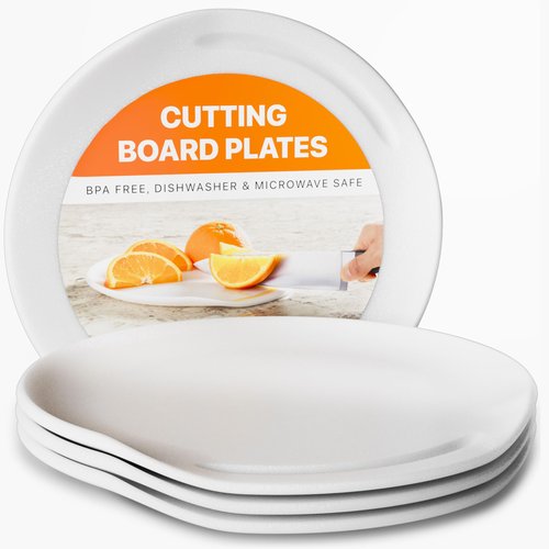 Nookware Round Cutting Board Plates, 10 Inch with Juice Grooves. Durable BPA-Free & Dishwasher Safe, Ideal for RVs, Camping, Small Spaces, Fruit Slicing, & Snack Serving (4, White, 10 Inches)