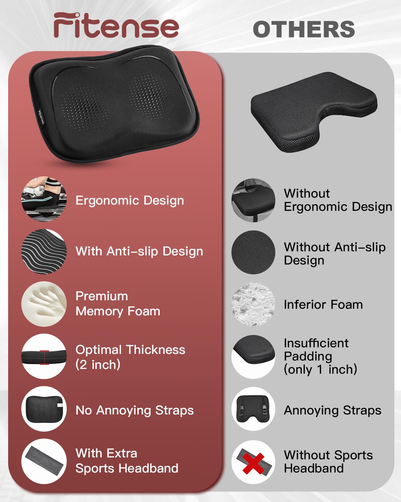 Fitense Rowing Machine Seat Cushion for The Concept 2 Rowing Machine with Extra Sports Headband, Memory Foam Row Machine Pad-Compatible with Concept 2 Rower, Recumbent Stationary Bike, Watter Rower