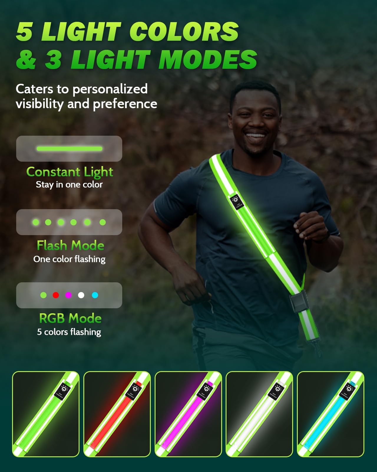 Fitense LED Reflective Belt Sash - 5 Lights Colors & 3 Light Modes High Visibility Night Safety Belt, Rechargeable Light Up Running Gear Adjustable Vest Straps for Runners Walkers Men Women