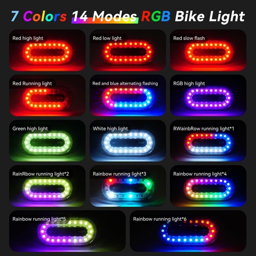 RGB Bike Lights,Roller Skate Lights,LED 7 Light Mode Options 14Colours Safety Light, USB-C Rechargeable Bright Roller Skate/Bike/Scooter Safety Flashlights for Adults/Kids/Men/Women