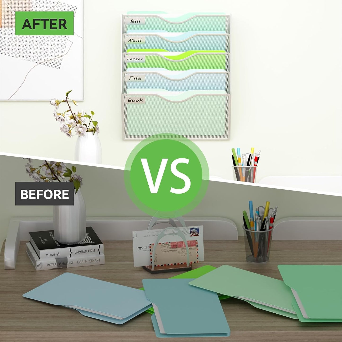 5 Pockets Mesh Hanging Wall File Holder Organizer Wall Mounted Paper Magazine Rack, Black