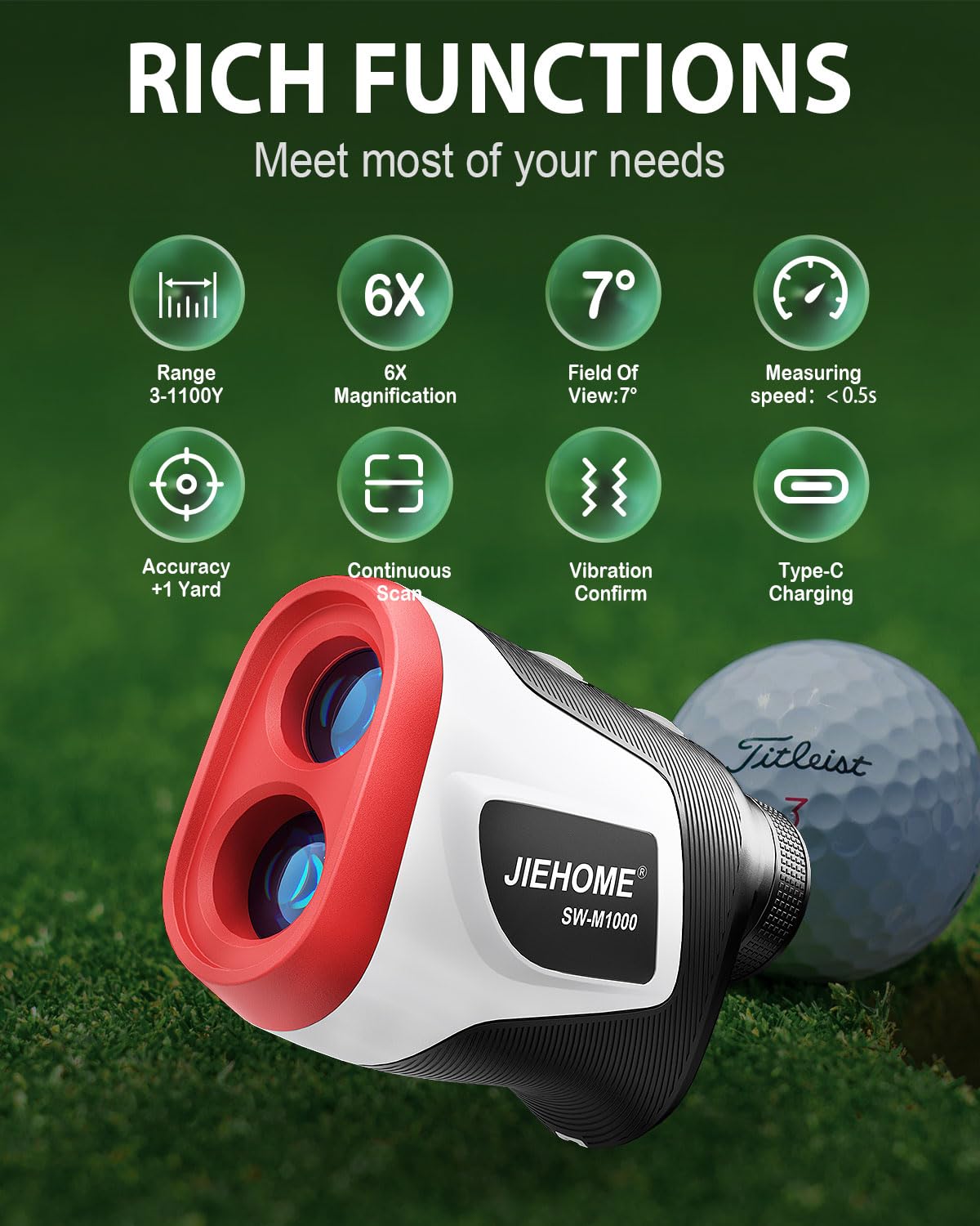 JIEHOME Golf Rangefinder with Slope 1100 Yards Laser Rangefinders Golfing Flag Pole Locking Vibration Rechargeable Hunting Range Finder Professional Golf Distance Finder