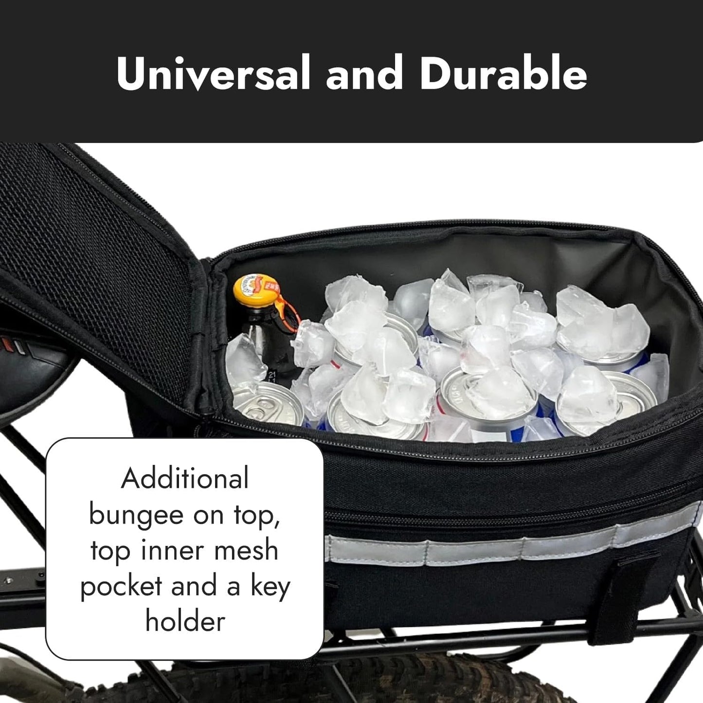 BiKase Big Momma Bike Trunk Bag - Universal Fit Medium Rear Rack Bag with Side Pockets, Top Bungee, Mesh Pocket, Key Holder & Reflective Accents - Spacious Bicycle Rack Bag for Ebikes & Bicycles