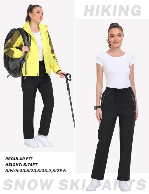 MoFiz Women's Waterproof Windproof Snow Ski Pants Insulated Fleece Lined Winter Hiking Fishing Pants High Waist Pull-On with Drawstring Zipper Pockets Black M