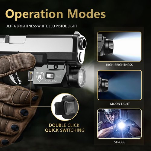 WARRIORLAND MA2 Compact Pistol Light, Fits G17/ G19/ P365/ G3C/ G2C/ M&P 9/Hellcat Pro/1911 and Other 60+ Handguns, 800-Lumen Universal Rail Mounted Tactical Weapon Flashlight, Screen Power Indicator