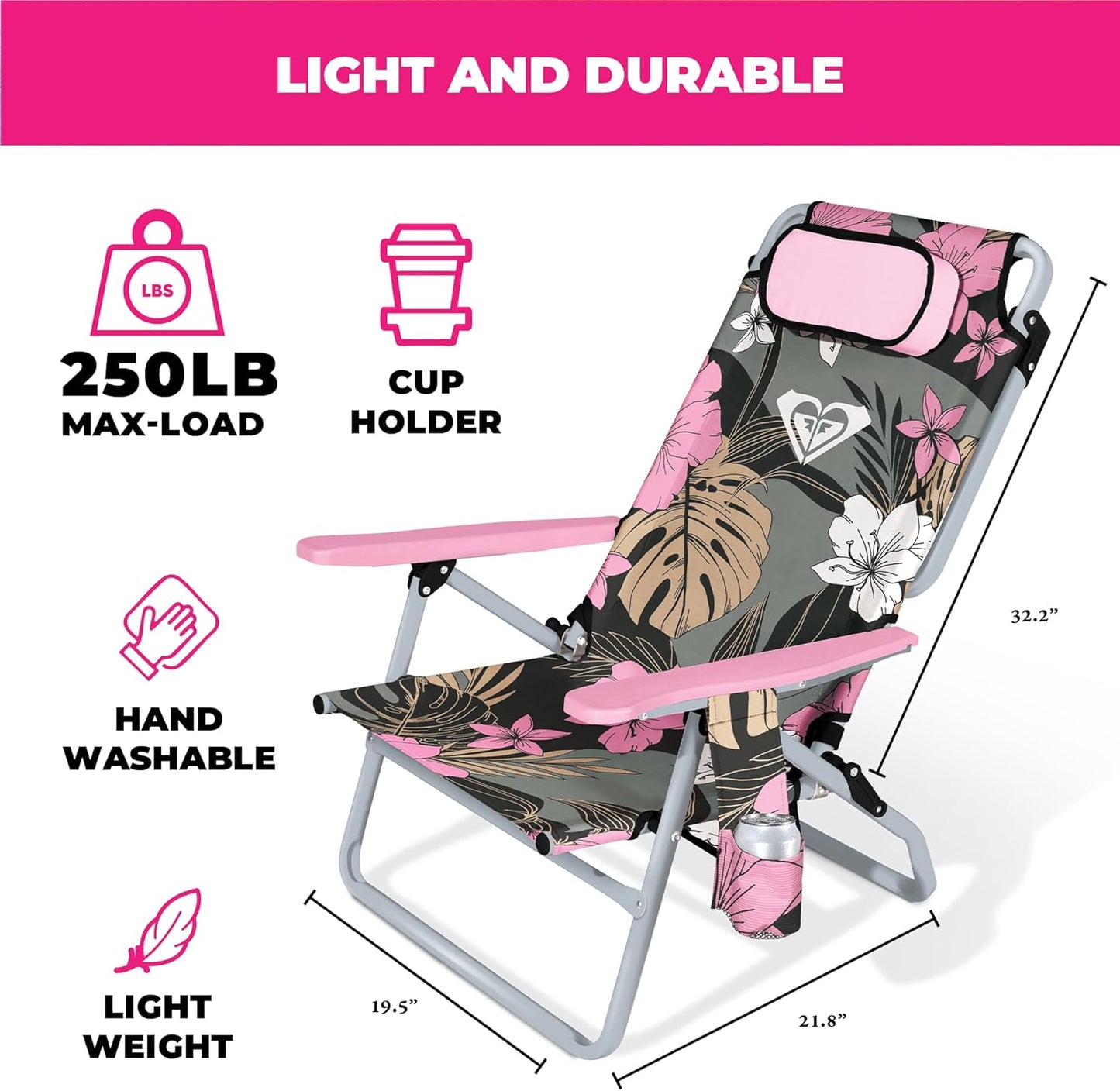 ROXY Beach Chair – Lounge Chair Outdoor, Lightweight Folding Chair with Adjustable Recline and Cup Holder – Beach Days, Pool Lounge Chairs, Folding Camping Chairs, Sun Tanning Chair or Festival