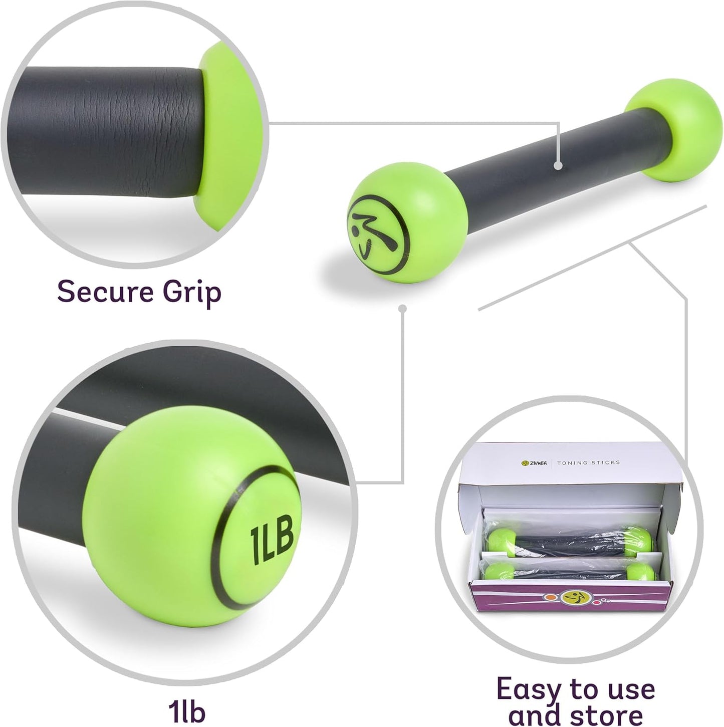 Zumba Toning Sticks 1 lb Weights Set of 2, 1 Pound Hand Weights for Women, Dumbbell Weight Set, Durable and Light 1 Pound Weights Set of 2