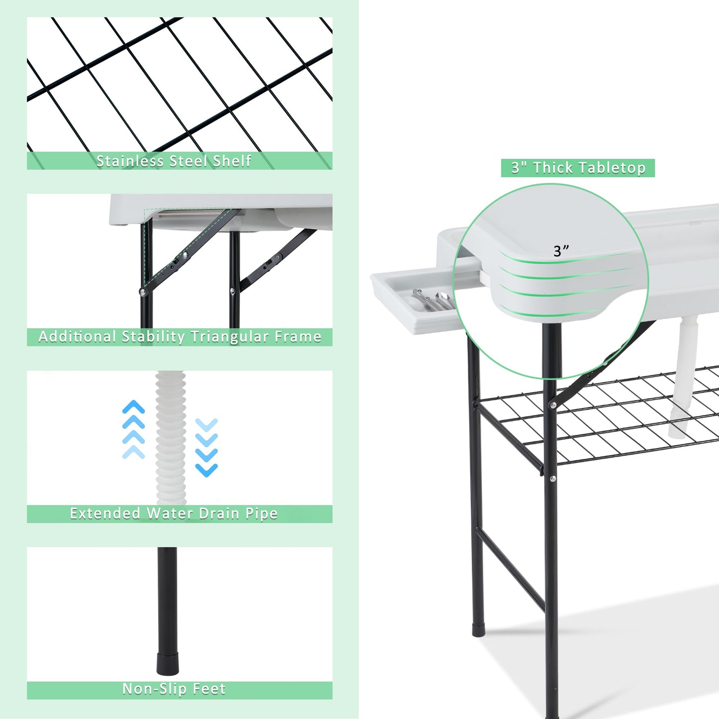 Dragosum 42'' Outdoor Fish Cleaning Table Portable Camping Sink Station with Double Sinks, Collapsible Swivel Faucet, Picnic Sink Table for Picnic Beach Patio