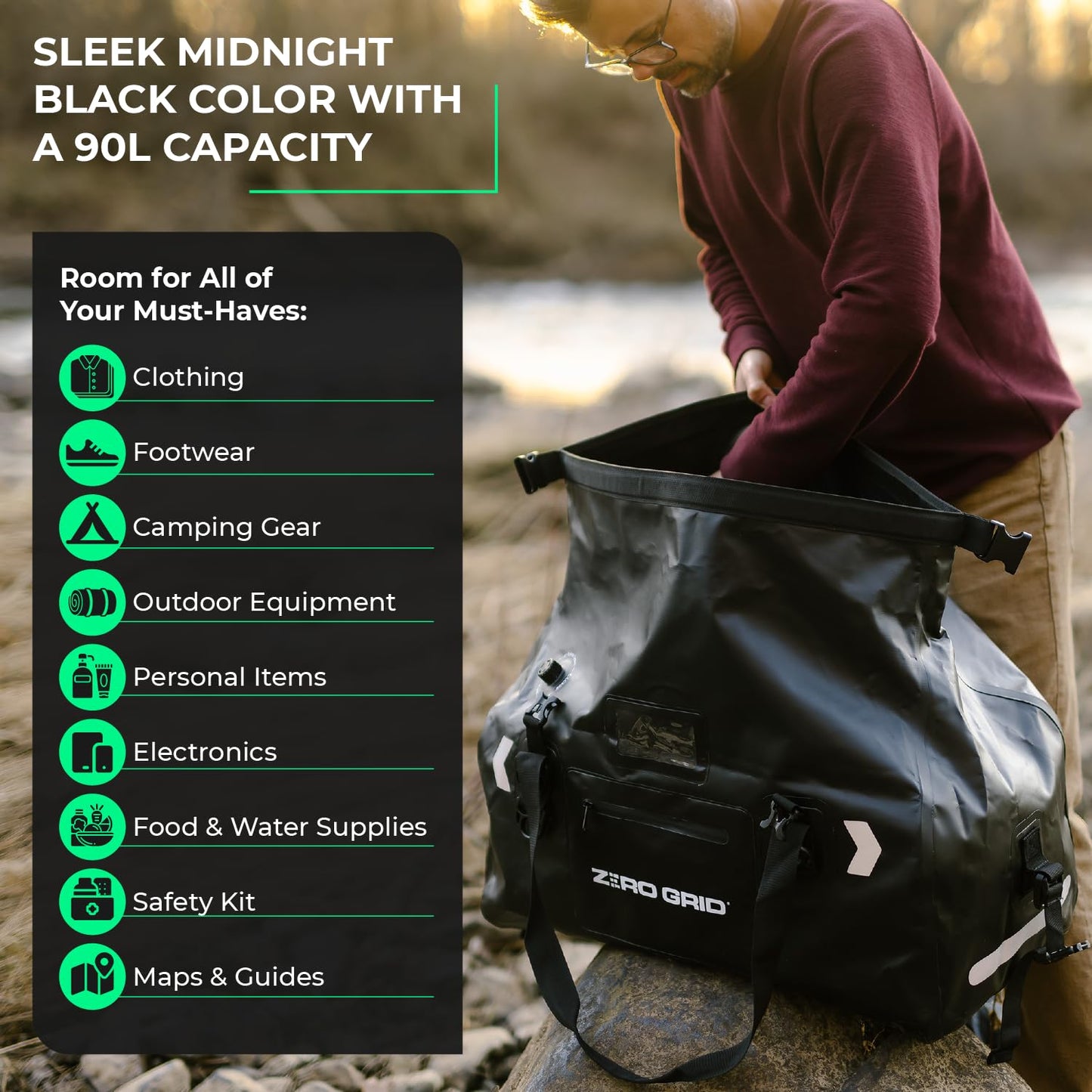 Extra Large Waterproof Duffel Bag - Heavy-Duty Duffle Dry Bag with Welded Seams & Rfid Pockets - Roll Top XL Duffel Bags for Traveling, Camping, Kayaking, Fishing, Canoeing, Boating - 90L, Black