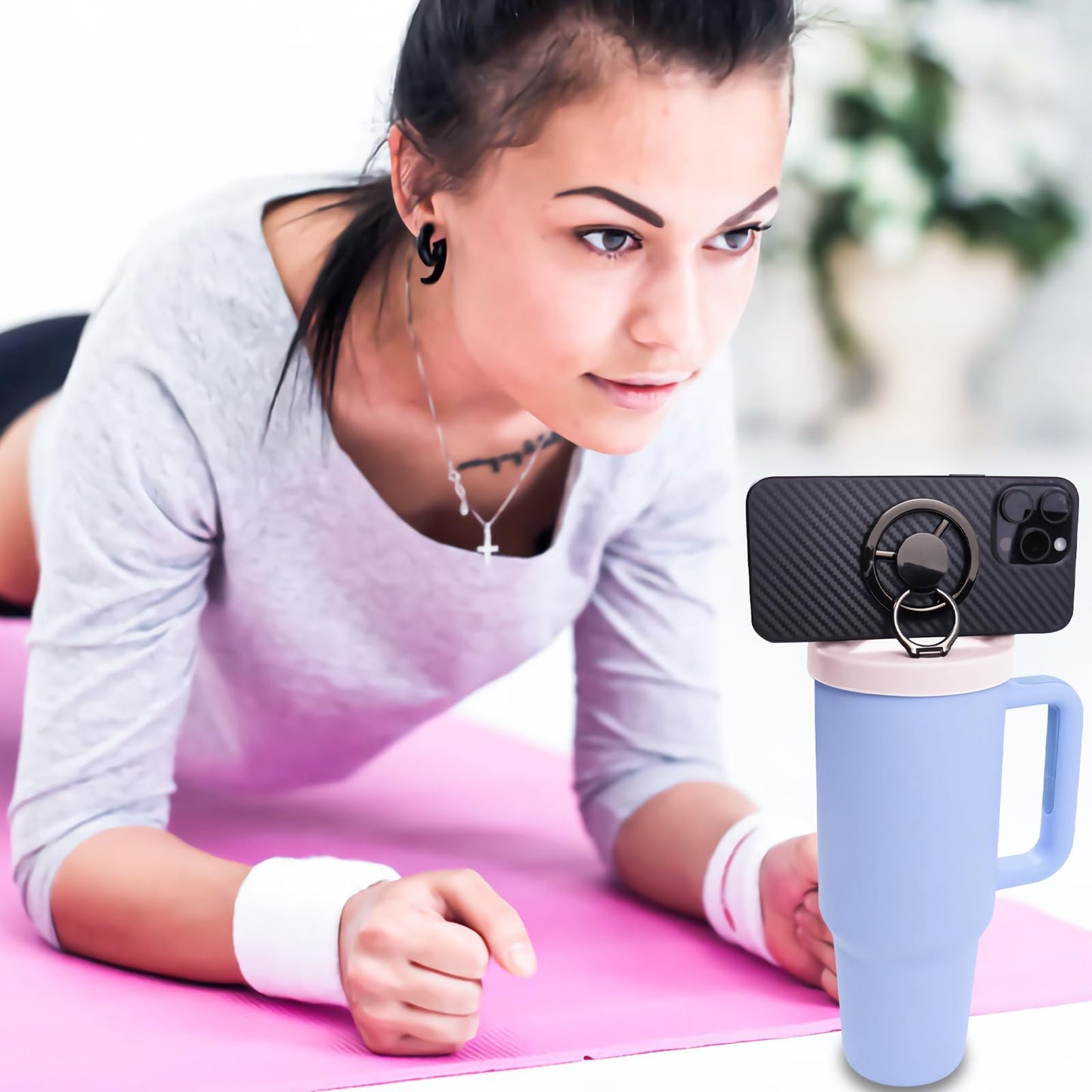 Jemey Tumbler Phone Holder for Stanley Cup 40oz - Silicone Lid with Straw & Magnetic Phone Mount, Rotatable MagSafe Stand for iPhone, Universal Water Bottle Cellphone Holder (Fits Quencher Series)