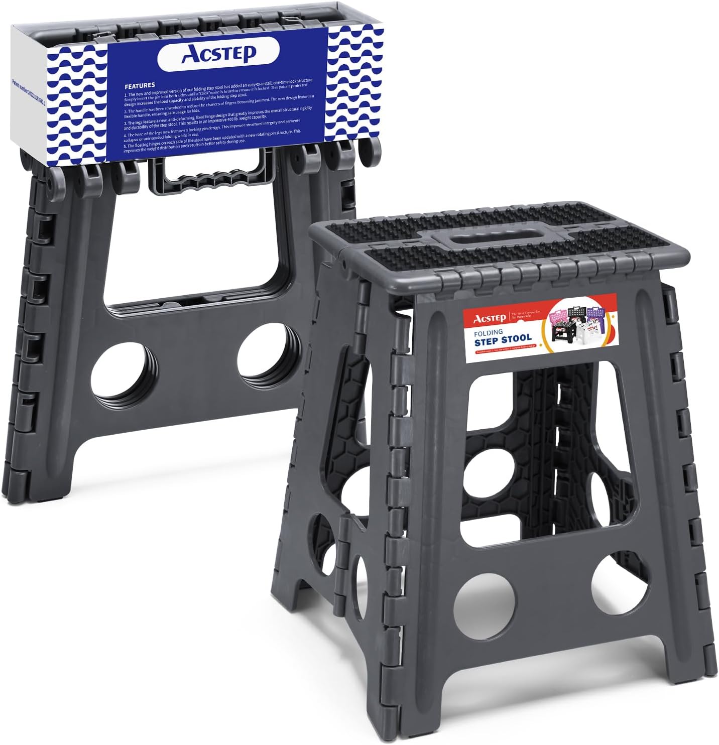 ACSTEP Folding Step Stool Foldable Stool 7.5 Inch Height Kids Step Stool, 300 lb Capacity Plastic Collapsible Stool, Stepping Stool with Handle Black Small Step Stool, Foot Stool Suitable for Kitchen