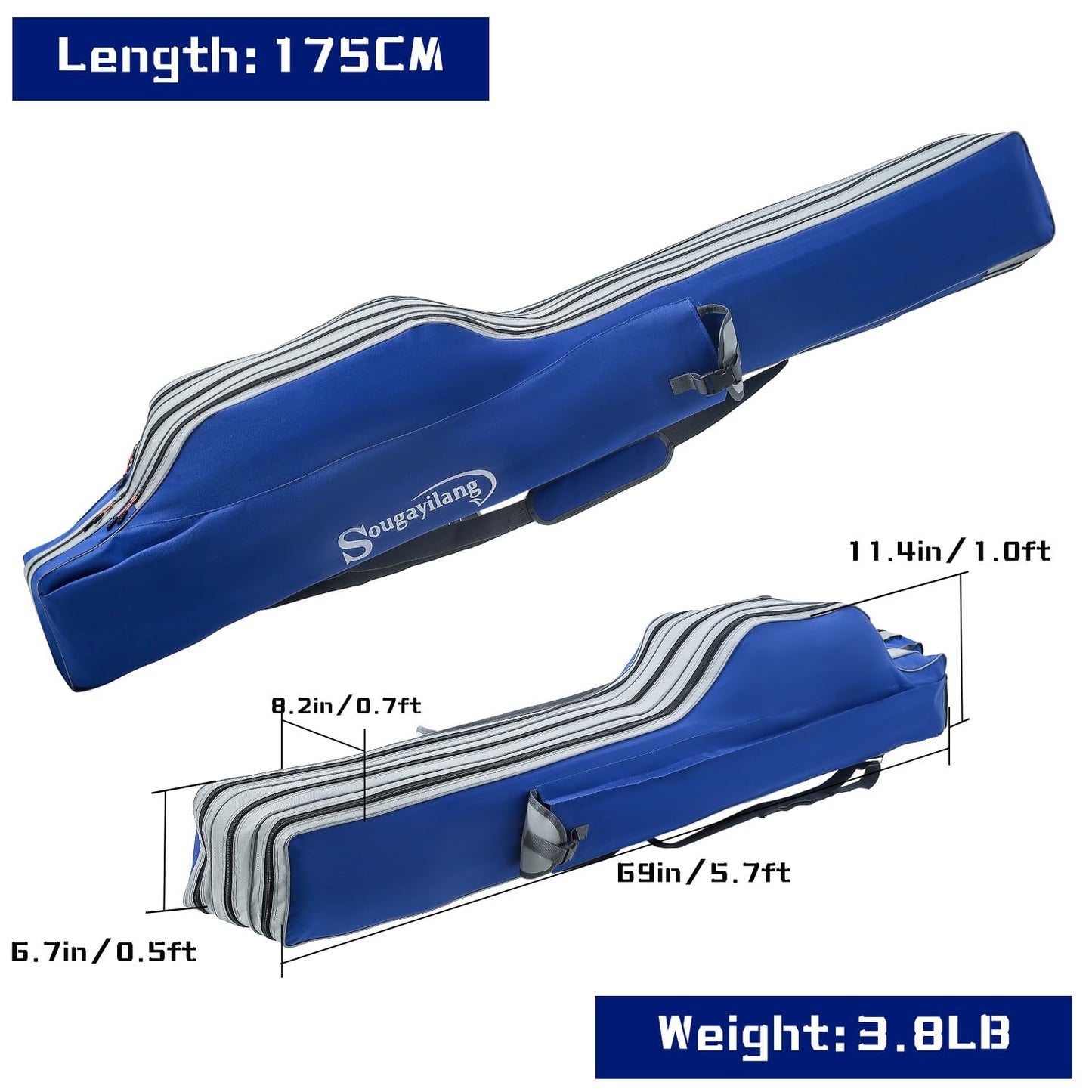 Sougayilang Fishing Rod Bag - 3 Layer Organizer Case for Travel - 170cm/69in