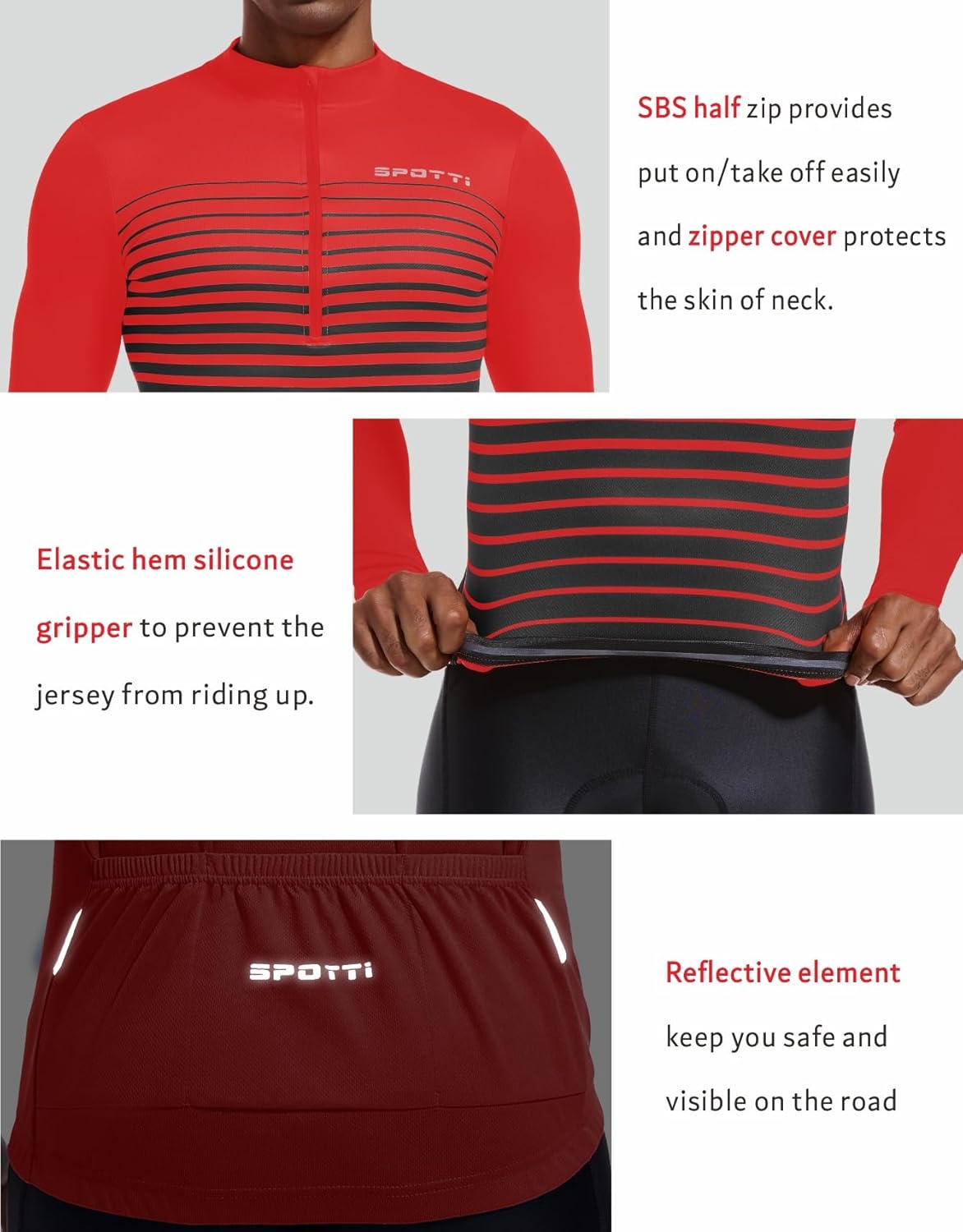 Spotti Men's Cycling Bike Jersey Long Sleeve with 3 Rear Pockets - Moisture Wicking, Breathable, Quick Dry Biking Shirt