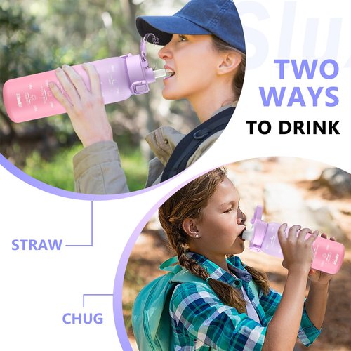 SLUXKE 316 Stainless Steel Insulated Water Bottle 32oz with Handle, 1L Double Wall Insulated Bottle with Time Marker BPA Free, 1000ml Metal Water Flask for Outdoor Working School PURPLE PINK