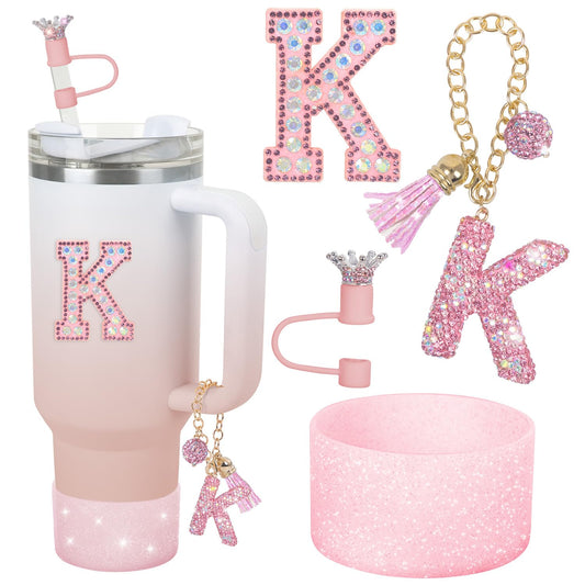 JUNIQUTE Pink Diamond Letter Charms Accessories for Handle Set, Bottom Protector for 40oz 30oz Stanley Cup, Crown Straw Cover & Sticker (K)
