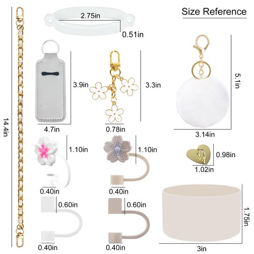 Velaco 11 PCS Accessories for Stanley Cup, Water Bottle Handle Strap for Stanley 30/40 oz tumbler with handle, including Straw Toppers, Silicone Cup Boot, Keychain Charms - White