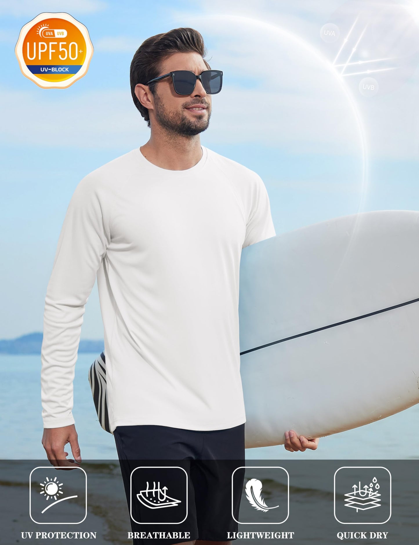 KEFITEVD Mens Sun Shirts UV Protection Long Sleeve Quick Dry Swim Shirts SPF UPF 50+ Rash Guard Running Fishing T-Shirts White