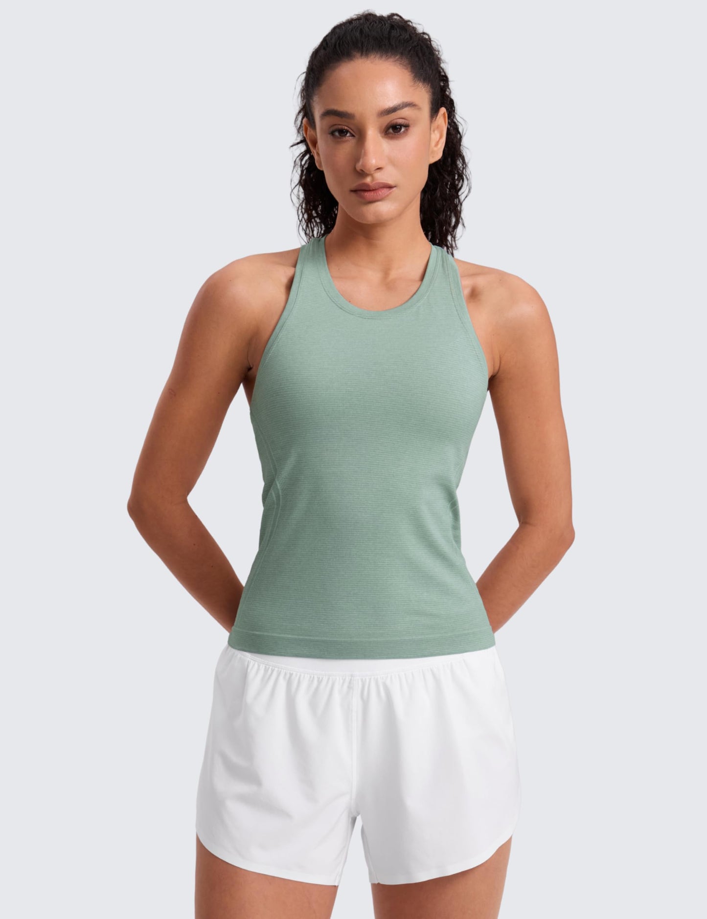 CRZ YOGA Seamless Workout Tank Tops for Women - Athletic Running Gym Sleeveless Shirts Crewneck Racerback Breathable Green Palm Court Heather XX-Small