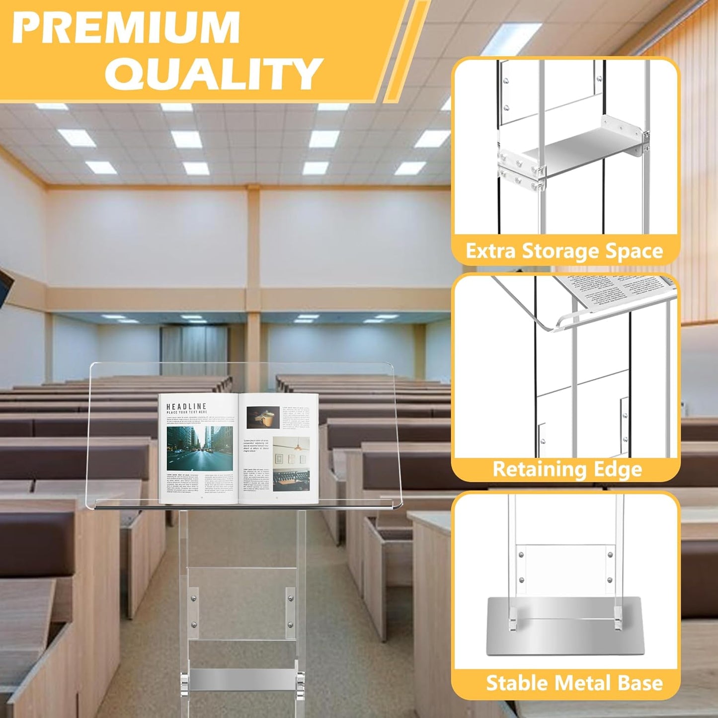 Podium Stand, Lecterns & Podiums, Acrylic Adjustable Angles with Metal Base, Podium for Church, Weddings, Classroom, Speech, 24" L x 16" W x 43.5" H (Clear)