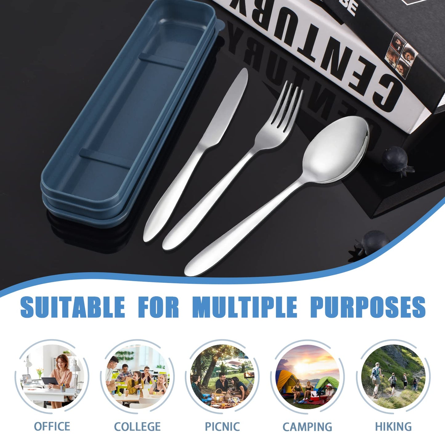 Travel Utensils With Case, Stainless Steel Silverware Set for Lunch Box, Portable Camping Cutlery Fork Spoon Knife, Reusable Utensil Set Flatware for Picnic School, Dishwasher Safe (Blue)