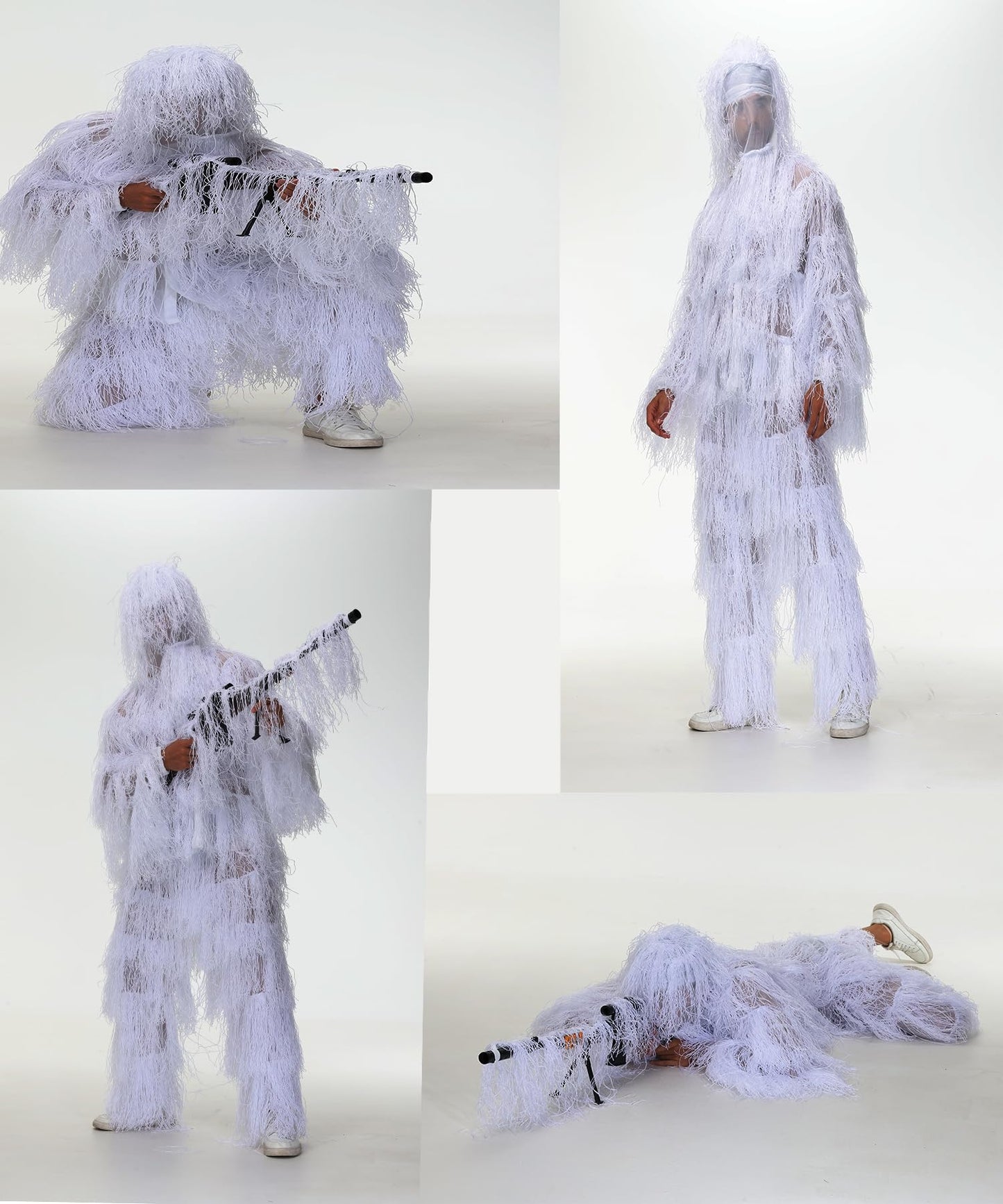 Alnintte 6 in 1 Ghillie Suit,3D Hunting Camouflage Halloween Scary Costume Including Jacket,Pants,Hood,Glove Suitable for Men Teens (White, M/L)