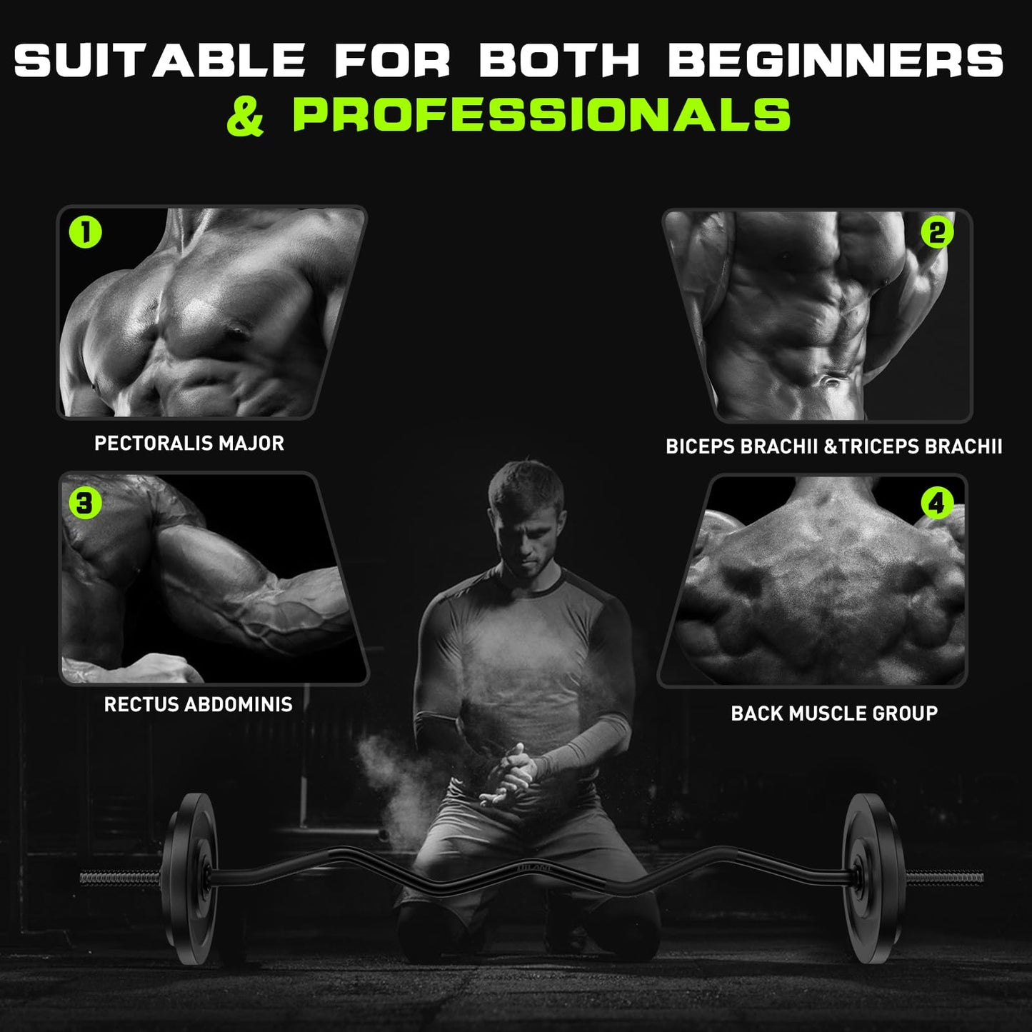 47" EZ Curl Bar Weight Lifting, 1-inch Plates Curl Bars for Squats/Hip Thrusts/Lunges, Plates Curling for Gym and Home -2 Star Collars(280lb Weight Capacity) (Black)