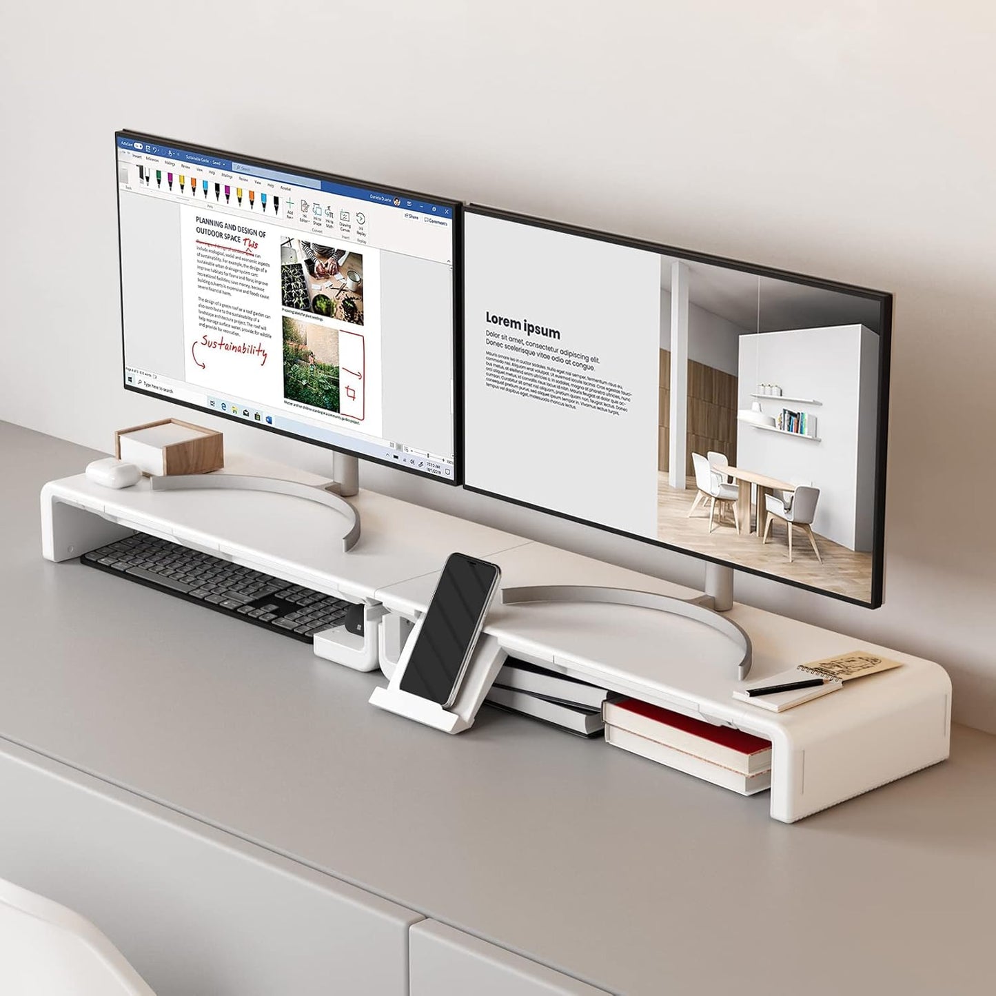 Monitor Stand Riser, Klearlook Foldable, Height Adjustable Computer Stand, Desk Shelf Riser with Storage Drawer &Tablet Phone Stand for Desktop, Laptop (White)