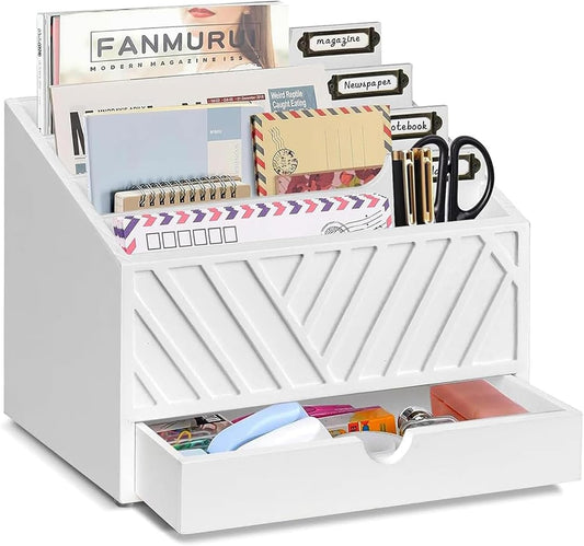 Mail Organizer for Countertop with 4 Compartments and Drawer, Wood Desktop Mail Organizer for File Letter Paper Folder, Desk Drawer Organizer, Black