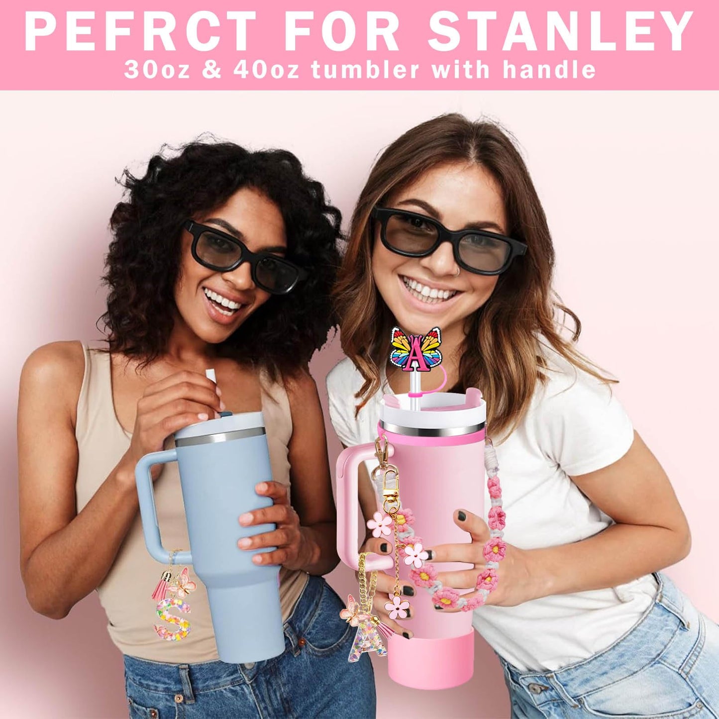 6PCS Cup Accessories Set for Stanley 30oz 40oz, Includes Silicone Initials Straw Cover Cap and Boot, Water Bottle Handle Strap, Rubber Cup Ring, Alphabet Handle Charm, Keychain Charm. (M)