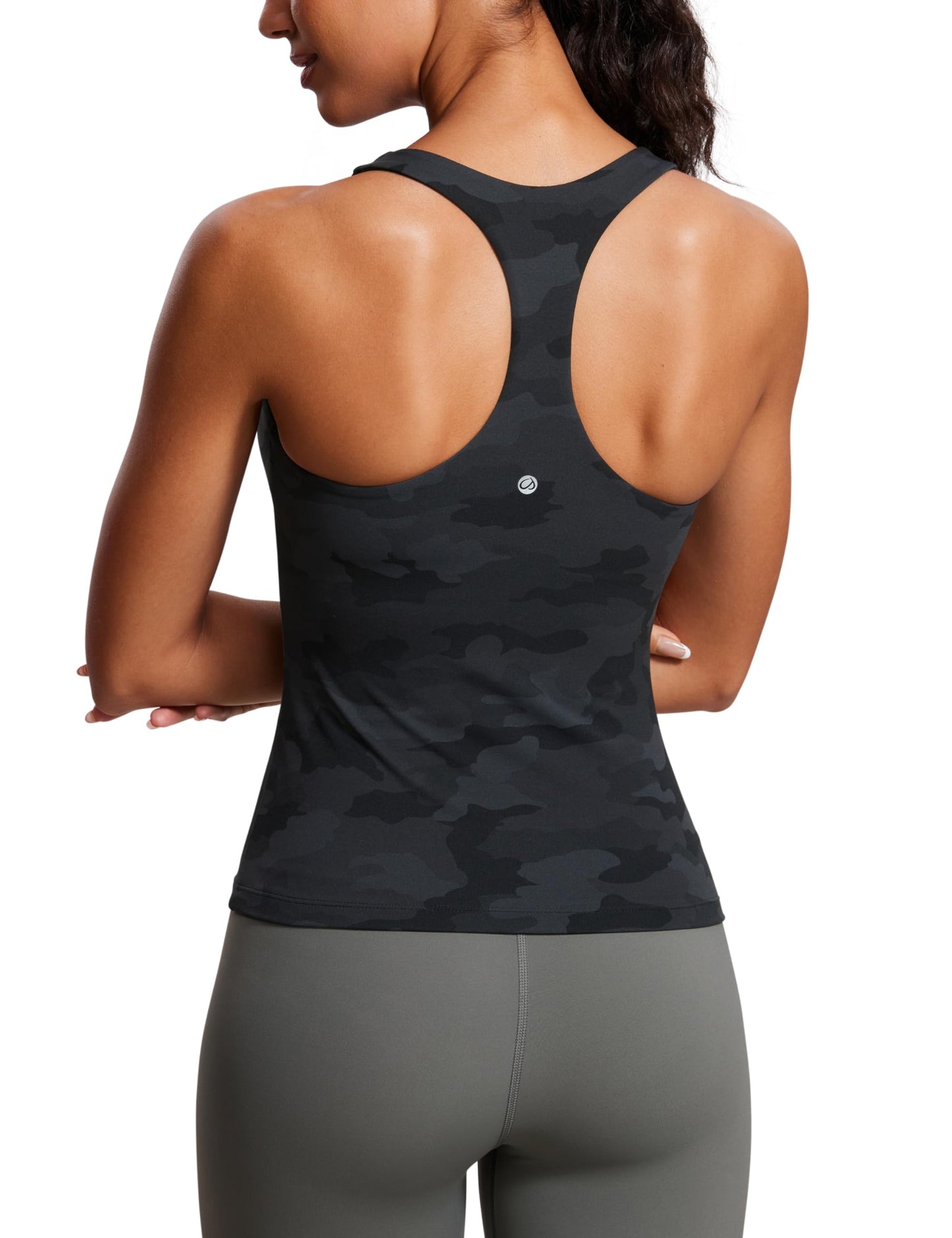 CRZ YOGA Butterluxe Workout Racerback Tank Tops for Women - Padded Athletic Spandex Yoga Shirts with Built in Bra Dark Grey Camouflage 2 Small