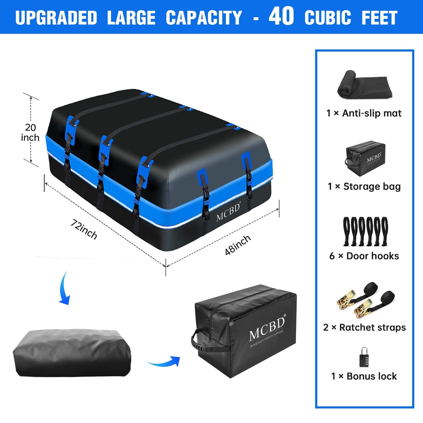 40 Cubic Feet Rooftop Cargo Carrier Bag, Waterproof Soft-Shell Car Roof Bag for All Vehicles SUV with/Without Rack, Car Top Luggage Storage Bag, Blue