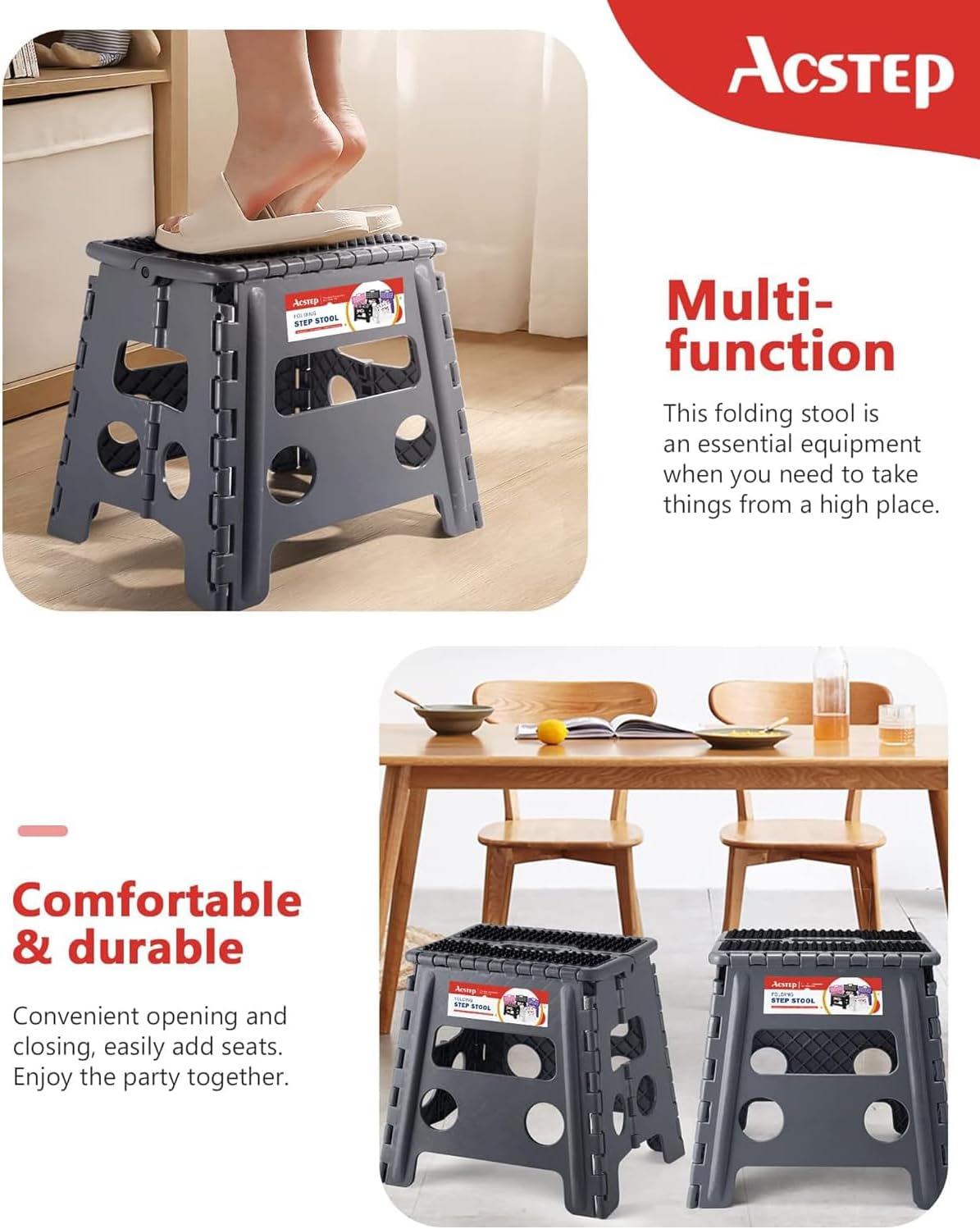 ACSTEP Folding Step Stool Foldable Stool 7.5 Inch Height Kids Step Stool, 300 lb Capacity Plastic Collapsible Stool, Stepping Stool with Handle Black Small Step Stool, Foot Stool Suitable for Kitchen