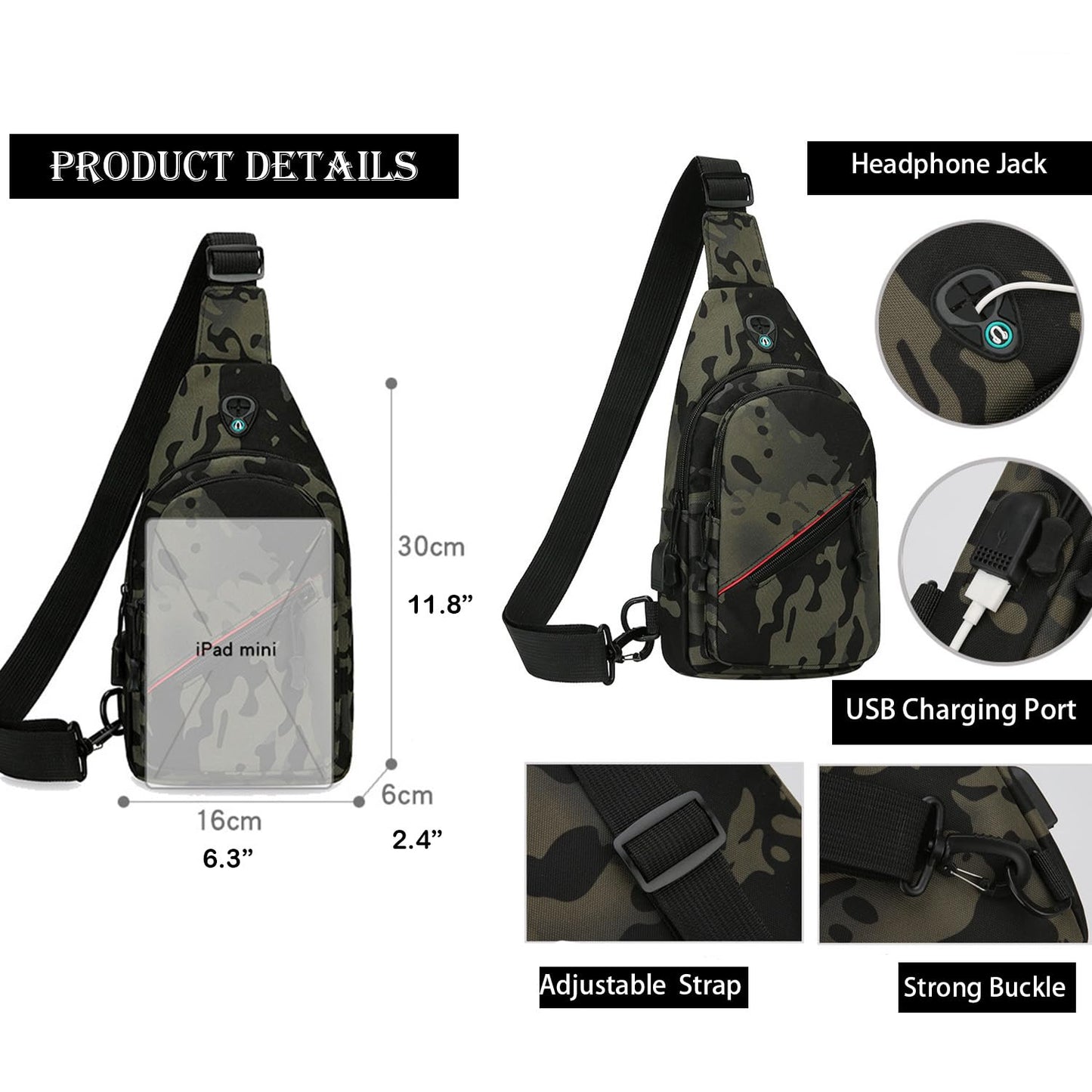 JENAGREEN Small Crossbody Sling Backpack Sling Chest Bag，Adjustable Cross Body Bag Chest Shoulder Bag Daypack Fanny Pack for Travel Hiking