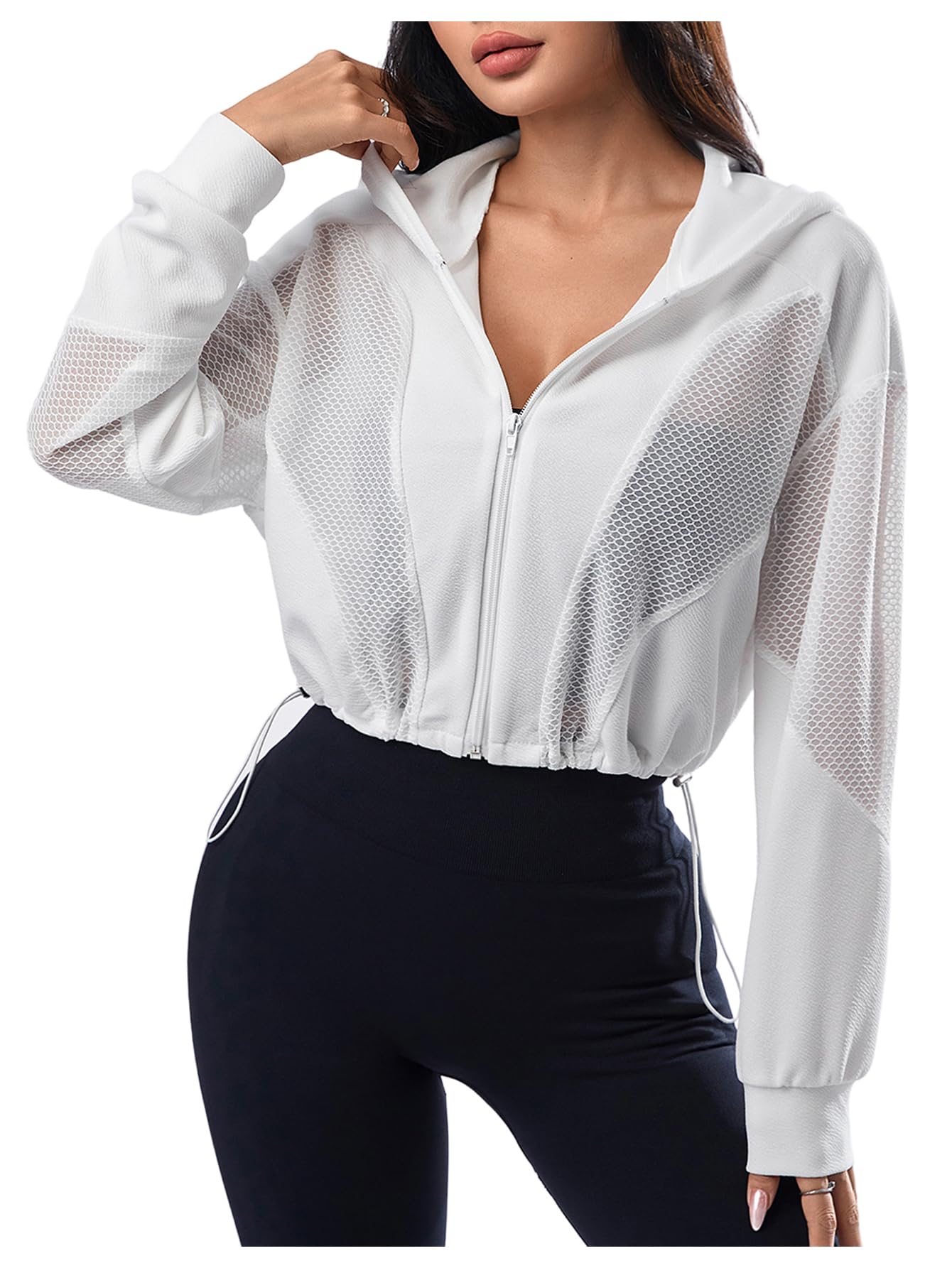SweatyRocks Women's Zip Up Drawstring Hem Cropped Hoodie Mesh Workout Sports Track Lightweight Jacket Pure White M